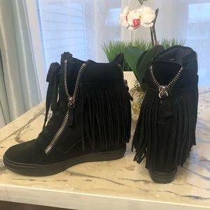 Fringe Black velvet Steve Madden wedge sneakers